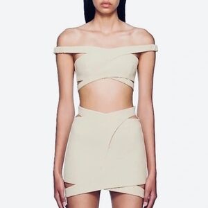 J KOO Beige Cut-Out Mini Skirt & Top New with tags